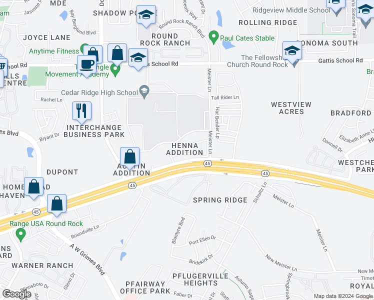 map of restaurants, bars, coffee shops, grocery stores, and more near 2500 Louis Henna Boulevard in Round Rock