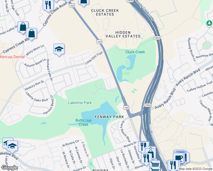 map of restaurants, bars, coffee shops, grocery stores, and more near 1701 South Bell Boulevard in Cedar Park