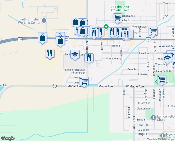 map of restaurants, bars, coffee shops, grocery stores, and more near S Bobcat Dr in Eunice