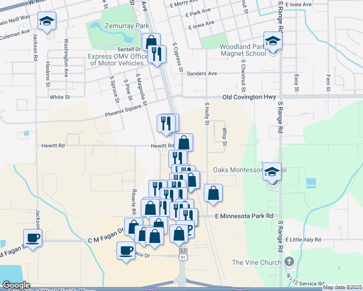map of restaurants, bars, coffee shops, grocery stores, and more near Southwest Railroad Avenue in Hammond