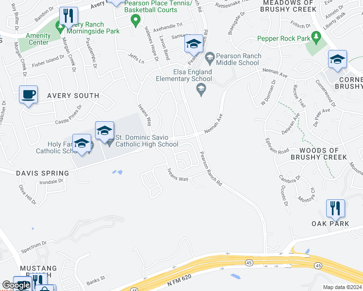 map of restaurants, bars, coffee shops, grocery stores, and more near 14107 McCoy Loop in Austin