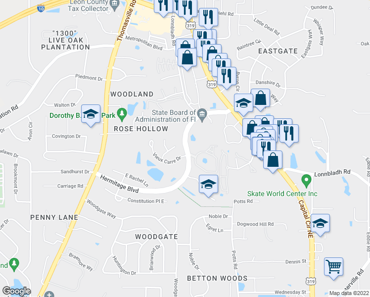 map of restaurants, bars, coffee shops, grocery stores, and more near 1740 Hermitage Boulevard in Tallahassee