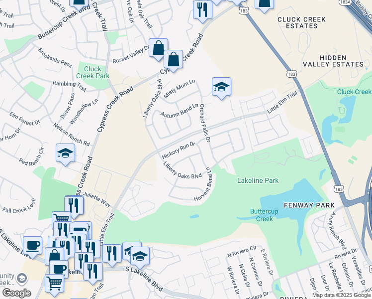 map of restaurants, bars, coffee shops, grocery stores, and more near 509 Hickory Run Drive in Cedar Park