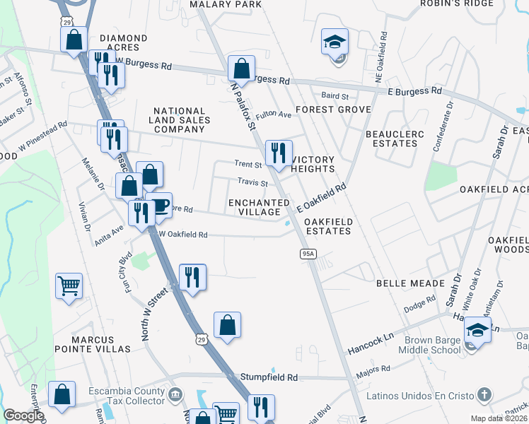 map of restaurants, bars, coffee shops, grocery stores, and more near 6823 Tiki Lane in Pensacola