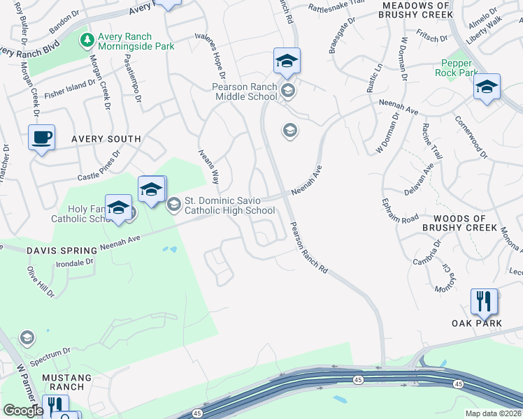 map of restaurants, bars, coffee shops, grocery stores, and more near 14214 McCoy Loop in Austin