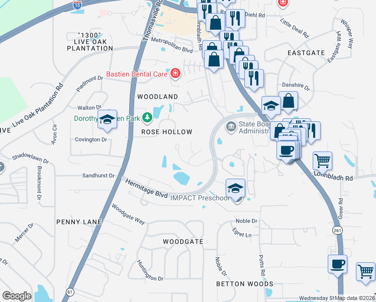 map of restaurants, bars, coffee shops, grocery stores, and more near 1428 Vieux Carre Drive in Tallahassee