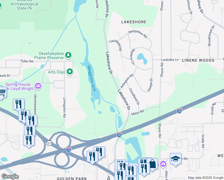 map of restaurants, bars, coffee shops, grocery stores, and more near 3106 Lakeshore Drive in Tallahassee