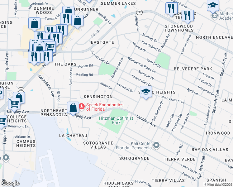 map of restaurants, bars, coffee shops, grocery stores, and more near 3600 Swan Lane in Pensacola