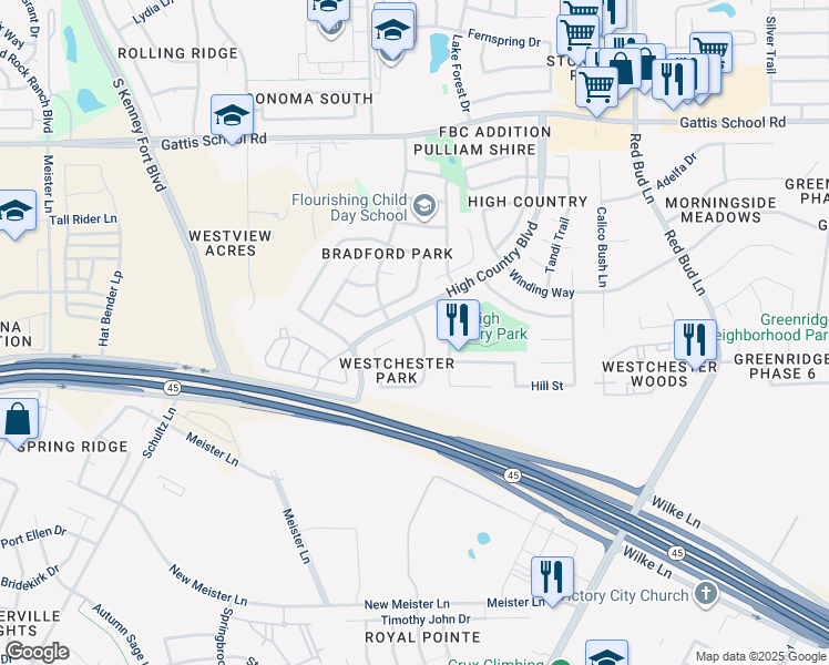 map of restaurants, bars, coffee shops, grocery stores, and more near 2803 Southampton Way in Round Rock