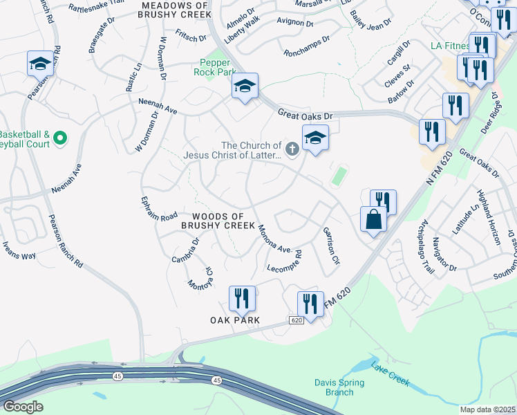map of restaurants, bars, coffee shops, grocery stores, and more near 8203 Monona Avenue in Austin