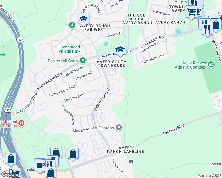 map of restaurants, bars, coffee shops, grocery stores, and more near 14220 Tyburn Trail in Austin