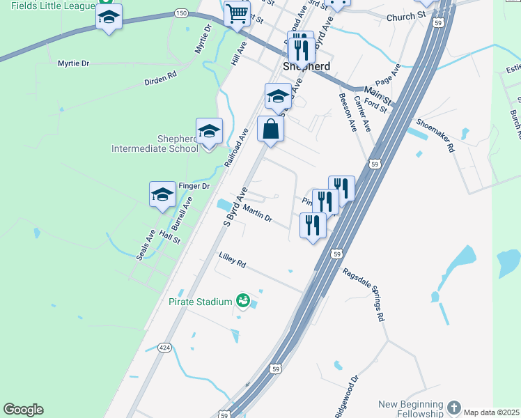 map of restaurants, bars, coffee shops, grocery stores, and more near 100 Martin Drive in Shepherd