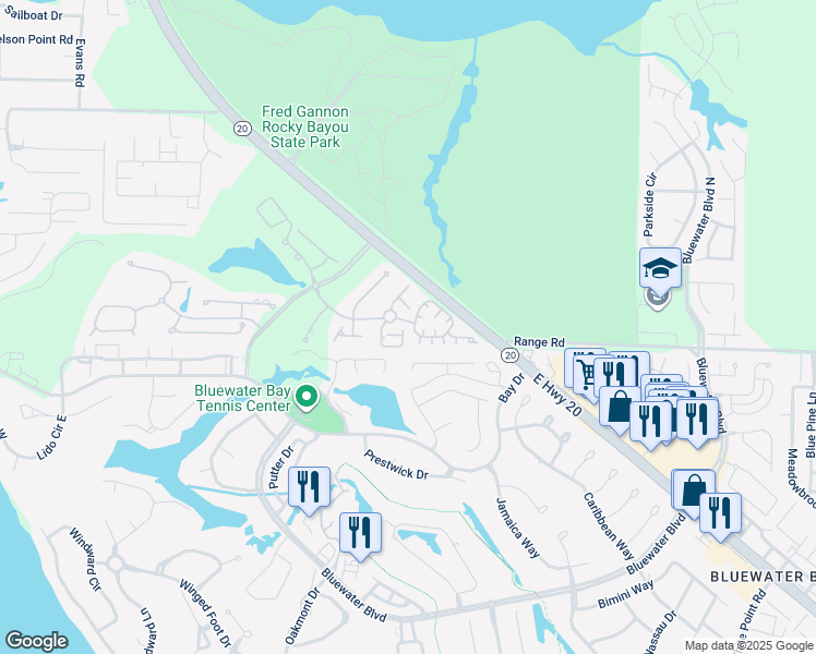 map of restaurants, bars, coffee shops, grocery stores, and more near 1418 Mediterranean Circle in Niceville