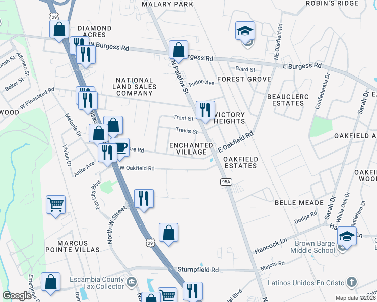 map of restaurants, bars, coffee shops, grocery stores, and more near 6823 Tiki Lane in Pensacola