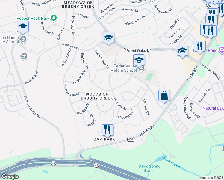 map of restaurants, bars, coffee shops, grocery stores, and more near 6213 Racine Trail in Austin