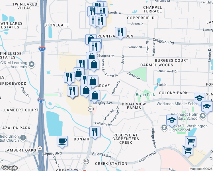 map of restaurants, bars, coffee shops, grocery stores, and more near 511 Parker Drive in Pensacola