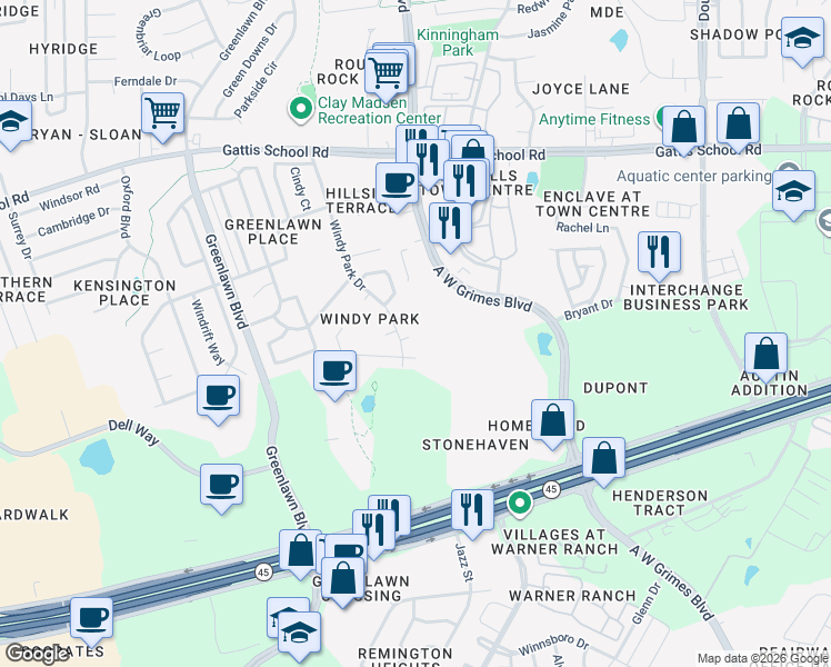 map of restaurants, bars, coffee shops, grocery stores, and more near 1714 Morningside Cove in Round Rock