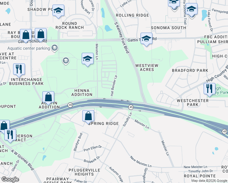 map of restaurants, bars, coffee shops, grocery stores, and more near 2500 Hat Bender Loop in Round Rock