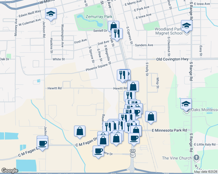 map of restaurants, bars, coffee shops, grocery stores, and more near 406 Hewitt Road in Hammond