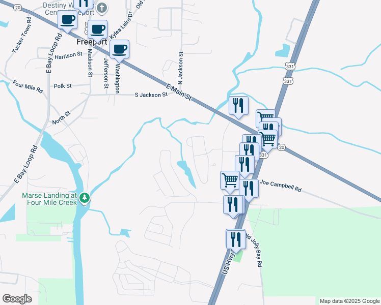 map of restaurants, bars, coffee shops, grocery stores, and more near 63 Lafayette Creek in Freeport