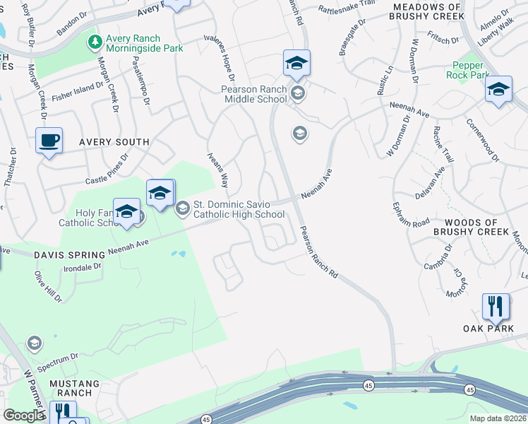 map of restaurants, bars, coffee shops, grocery stores, and more near 9101 Ivalenes Hope Drive in Austin