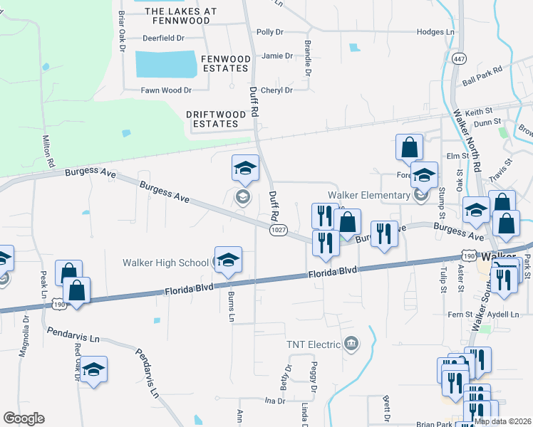 map of restaurants, bars, coffee shops, grocery stores, and more near De Chene Drive in Walker