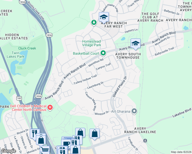 map of restaurants, bars, coffee shops, grocery stores, and more near 11100 Wyola Bend in Austin