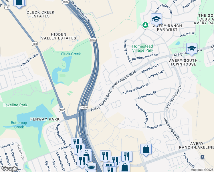 map of restaurants, bars, coffee shops, grocery stores, and more near 12115 Maypole Bend in Austin