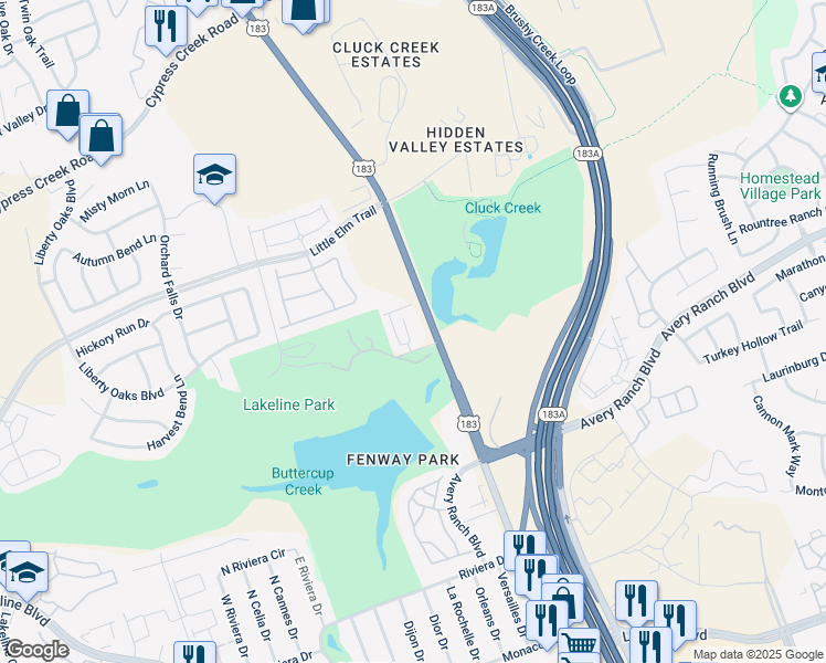 map of restaurants, bars, coffee shops, grocery stores, and more near 1701 South Bell Boulevard in Cedar Park