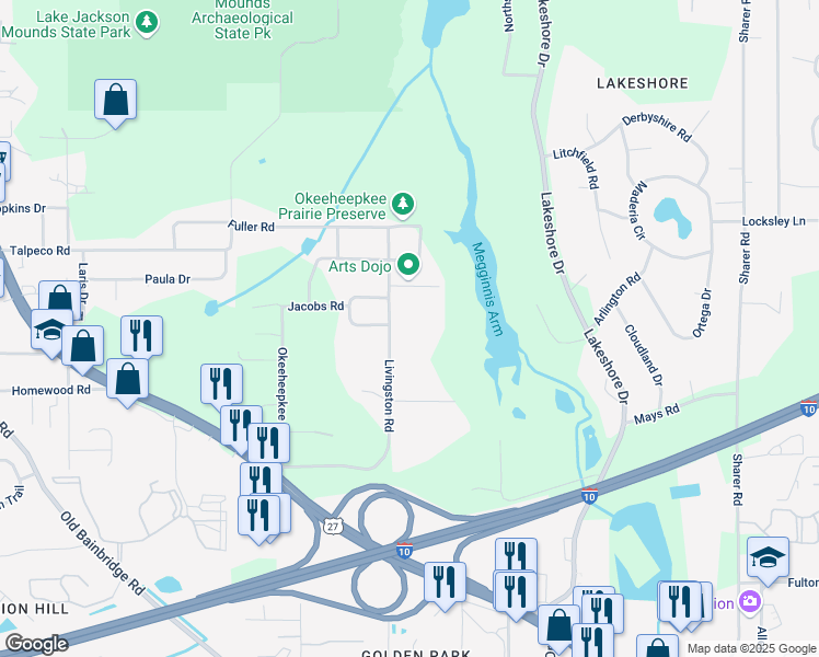 map of restaurants, bars, coffee shops, grocery stores, and more near 1203 Firethorne Lane in Tallahassee
