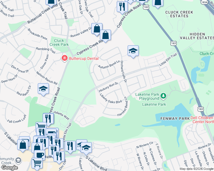 map of restaurants, bars, coffee shops, grocery stores, and more near 604 Spring Arbor Lane in Cedar Park