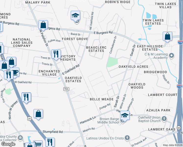map of restaurants, bars, coffee shops, grocery stores, and more near 6058 Bella Donna Street in Pensacola