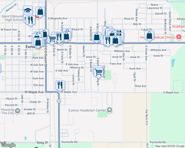 map of restaurants, bars, coffee shops, grocery stores, and more near 433-799 South Bulah Street in Eunice