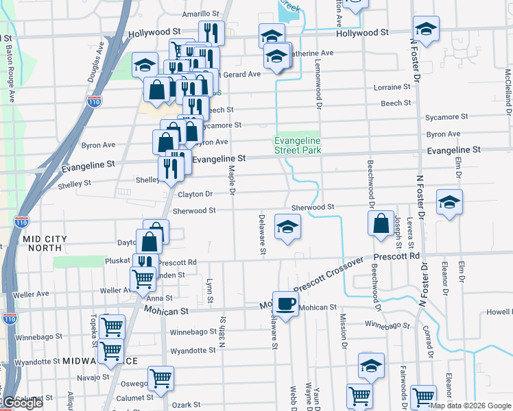 map of restaurants, bars, coffee shops, grocery stores, and more near 3850 Clayton Drive in Baton Rouge
