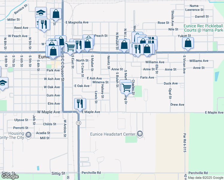 map of restaurants, bars, coffee shops, grocery stores, and more near 433-799 South Bulah Street in Eunice