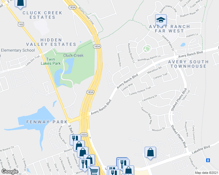 map of restaurants, bars, coffee shops, grocery stores, and more near 12115 Maypole Bend in Austin