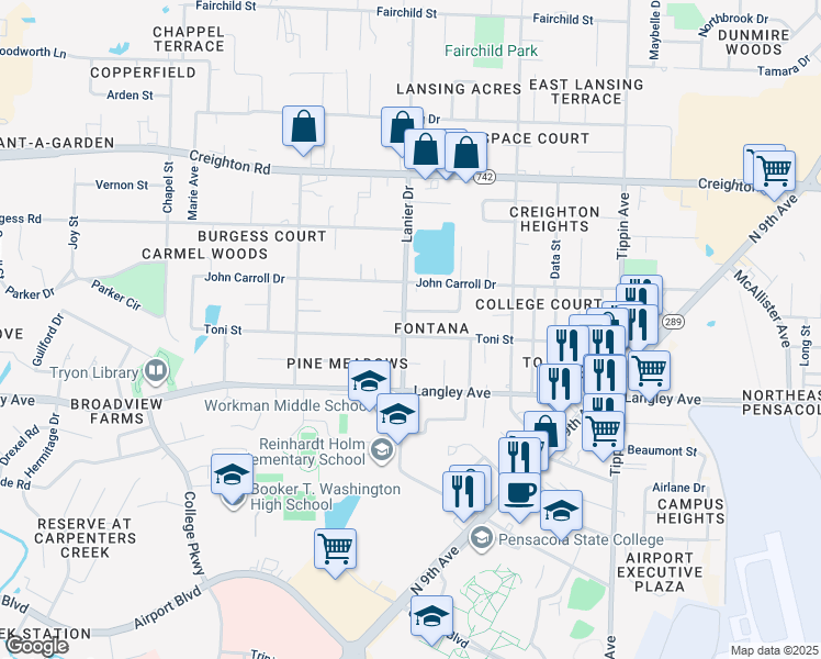 map of restaurants, bars, coffee shops, grocery stores, and more near 1800 Toni Street in Pensacola