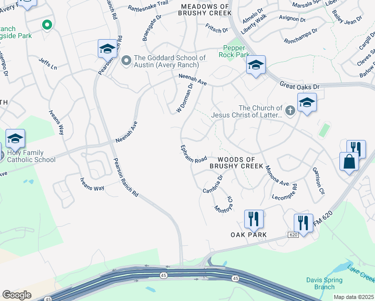 map of restaurants, bars, coffee shops, grocery stores, and more near 8600 Ephraim Road in Austin