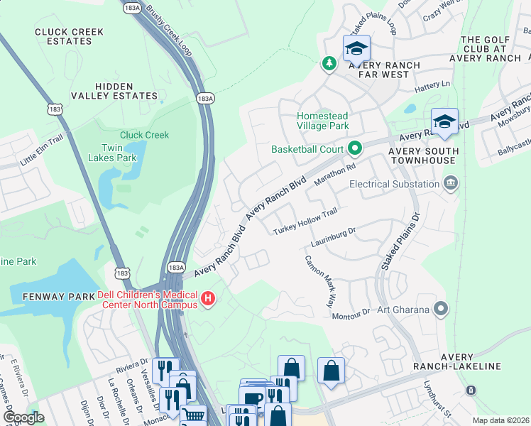 map of restaurants, bars, coffee shops, grocery stores, and more near 13800 Loleta Way in Austin