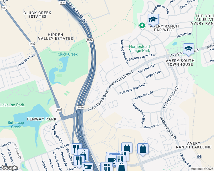 map of restaurants, bars, coffee shops, grocery stores, and more near 11801 Harpster Bend in Austin