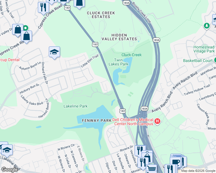 map of restaurants, bars, coffee shops, grocery stores, and more near 1701 South Bell Boulevard in Cedar Park
