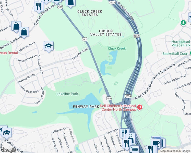 map of restaurants, bars, coffee shops, grocery stores, and more near 1701 South Bell Boulevard in Cedar Park