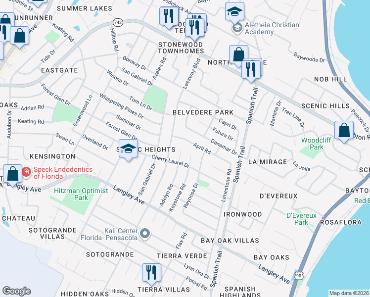 map of restaurants, bars, coffee shops, grocery stores, and more near 5970 Adelyn Rd in Pensacola