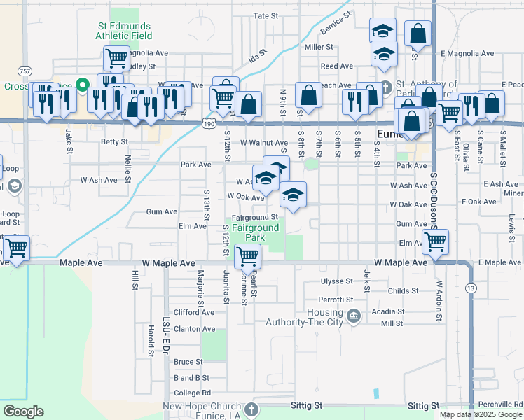 map of restaurants, bars, coffee shops, grocery stores, and more near 421 South 10th Street in Eunice