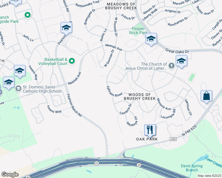 map of restaurants, bars, coffee shops, grocery stores, and more near 8600 Ephraim Road in Austin