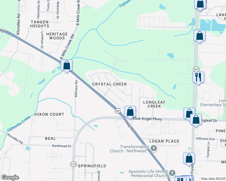 map of restaurants, bars, coffee shops, grocery stores, and more near 6790 Rickwood Drive in Pensacola