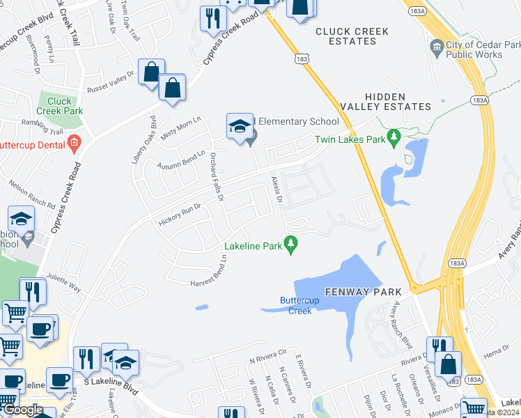 map of restaurants, bars, coffee shops, grocery stores, and more near 1504 Fieldstone Street in Cedar Park