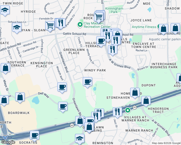map of restaurants, bars, coffee shops, grocery stores, and more near 1545 Parkfield Circle in Round Rock