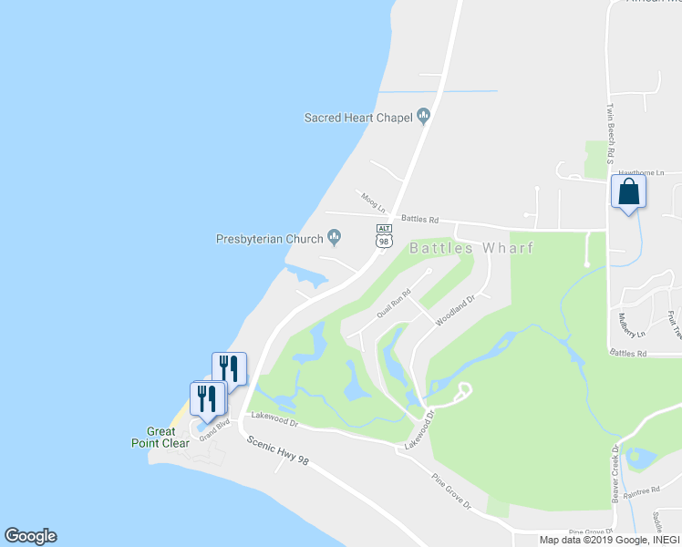 map of restaurants, bars, coffee shops, grocery stores, and more near 5510 Battles Wharf Drive in Fairhope