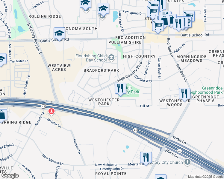 map of restaurants, bars, coffee shops, grocery stores, and more near 2803 Southampton Way in Round Rock